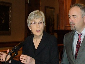 Tory MPPs Julia Munro and Todd Smith chastise the Ontario Liberal government on Thursday, Nov. 15, 2012, for failing to fully support the federal Pooled Registered Pensions Plans legislation that would allow people who don't have a workplace pension to participate in a large defined contribution plan. (Antonella Artuso/Toronto Sun)