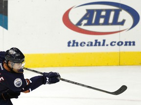 CLEVELAND, OH - OCTOBER 12: Jordan Eberle #7 of the Oklahoma City Barons takes a shot against the Lake Erie Monsters during their game on October 12, 2012 at Quicken Loans Arena in Cleveland, Ohio. The Monsters defeated the Barons 2-1.    David Maxwell/Getty Images/AFP