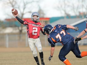 DHT File photo
Grande Prairie Broncos quarterback Alex Noel, seen here in a game against the Peace River Prospectors, is one of 23 Broncos who will be playing their final bantam football game on Saturday.