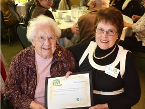 Linda Blackett, right, a Canadian Red Cross employee from Southampton and Dorothy Grey, one of her clients from Port Elgin, display the certificate of appreciation and the five nominations Blackett received for the Community Care Access Centre’s fifth annual Heroes in the Home event.