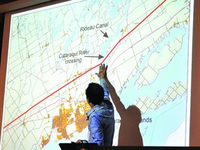 Adam Scott of Environmental Defence speaks during a meeting at Queen's University hosted by Transition Kingston and the Society for Conservation Biologyat Queen’s University regarding new developments around the aging oil pipeline owned by Enbridge Inc.      CONTRIBUTED photo