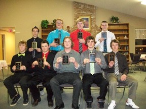 the winners of awards at the annual Melfort Comets football awards night. (Back, L. to R.) Wyatt Martin, Mattland Riley, Cain Grisdale, Matt Long. (Front) Justin Wehrkamp, Grant Taylor, James Kurtenbach, Brett LeCuyer and Curtis Puetz.