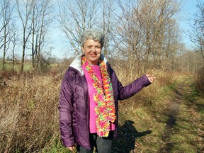 Tillsonburg resident and executive member of the Lake Lisgar Revitalization Project (LLRP) committee, Joan Weston, points to a section of trail off Cranberry Road, north of North Street in Tillsonburg, where she and a friend spotted a bobcat Wednesday morning around 10 am. 

KRISTINE JEAN/TILLSONBURG NEWS/QMI AGENCY