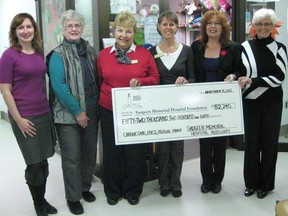 The Saugeen Memorial Hospital Foundation's Christine Kelly, Mary McCallum (also of the SMH Auxiliary), Mary Ann Weickert and Erin Zorzi were the recipients of an outstanding gift of $52,240 from the Saugeen Memorial Hospital Auxiliary Friday November 9, 2012. Debbie Legault and Val Porter of the SMH Auxiliary presented the cheque to the foundation to help with Saugeen Shores patient care.