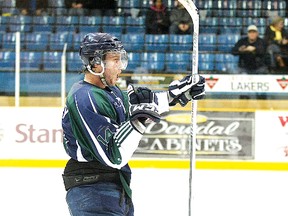 Lucas McKinley of the Nipissing Lakers celebrates his second-period goal during his team's 2-1 overtime win over the University of Toronto Blues at Memorial Gardens, Friday (Ken Pagan, The Nugget)