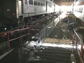 Water floods the complex at the Meadows Maintenance Complex in New Jersey in the aftermath of super storm Sandy in this October 31, 2012 handout photo obtained by Reuters November 1, 2012.  REUTERS/New Jersey Transit/Handout.