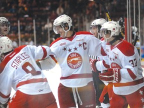 Hounds captain Colin Miller celebrates Dylan Staples' goal in the third period Sunday night.