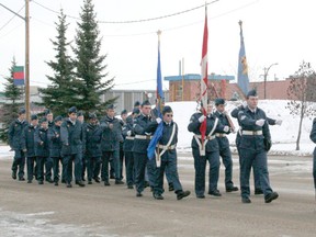 Cpt. Kate Simpson leads the 733 Royal Canadian Legion Air Cadets in parade after they were granted the Freedom of the City by Town of Drayton Valley Mayor Moe Hamdon on Nov. 17.