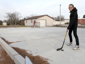 The Harbour - A Community Church has invested $42,000 into an outdoor recreation pad to be used by the Kincardine community for ice skating and hockey in the winter, as well as inline skating, basketball and roller hockey in the summer. Pastor Ray Luinstra's daughter Ariel, 12, was testing out the new, smooth concrete pad before hockey practice on Nov. 15, 2012. (TROY PATTERSON/KINCARDINE NEWS)