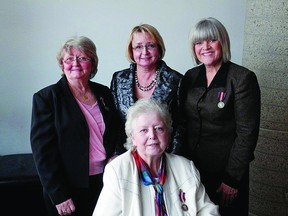 Sylvia Holcomb, Jane Parks and former Sherwood Park MLA Iris Evans were recipients of the Queen Elizabeth II Diamond Jubilee Medal after being nominated by current Sherwood Park MLA Cathy Olesen. Clockwise from back left: Parks, Olesen, Evans, Holcomb. Photo supplied