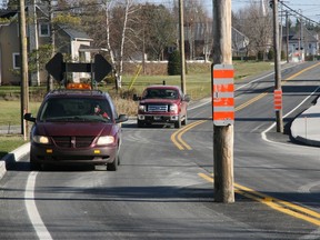 A hydro pole in the middle of Route 251, near Cookshire-Eaton, Quebec. (CLAUDE CROISETIÈRE/QMI Agency)