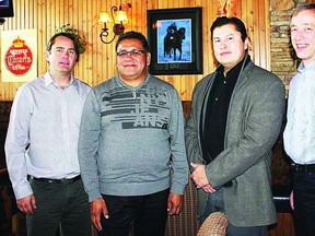 Pictured are: Tery Mix, Mixcor owner, left, Samson Cree Nation Chief Marvin Yellowbird, Samson Cree Nation Coun. Derek Bruno and Mixcor general manager Gary Zeitner.
