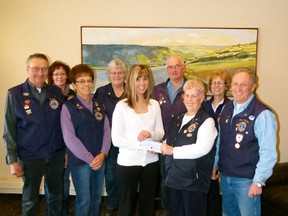 The Fairview Lions Club just donated $5,000 to Fairview and District Victim Services. (Back, l-r) Lions Teresa Visser, Ann Bilous, Ted Bilous and Jan Buchinski, (front, l-r,) Lions Ed and Dora Lueken, Linda Moffatt of Victim Services accepting cheque from Lion Linda Thomas, Lion Wesley Thomas. (Chris Eakin/Fairview Post)