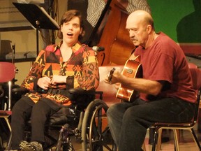 Natasha Haines, who is blind and has cerebral palsy, and François Lemieux, who wrote Stinkin’ Thinkin, sing a song together.
Photos by KEVIN McSHEFFREY/THE STANDARD