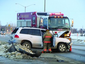 Portage Emergency Services responded to an accident at Saskatchewan Ave. and 24th St. NW just before 4:30 p.m. after a semi collided with an SUV. There were no serious injuries and no one was transported to hospital. (ROBIN DUDGEON/THE DAILY GRAPHIC/QMI AGENCY)