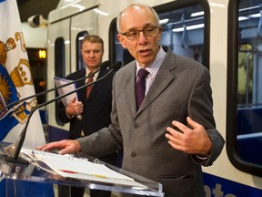 Mayor Stephen Mandel speaks during the unveiling of the new NAIT LRT track at Churchill LRT Station in Edmonton, Alta. on Friday, Nov. 16, 2012.
