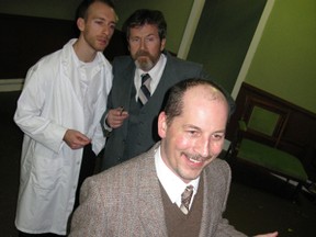 Jason Leighfield plays Elwood P. Dowd while Adam Liefl (back left) and Doug Haskett play the two doctors at the sanitarium who examine him in the upcoming Simcoe Little Theatre production of Harvey. It opens Thursday night for a two-week run. (DANIEL R. PEARCE Simcoe Reformer)
