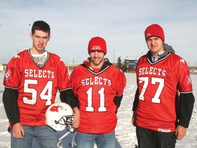 From left: Austin Pelletier, Jordan Baldwin and Dawson Drewniak are in Belleville, Ill this week with the Calgary Bantam Football Association Selects competing in the Pilgrim Bowl