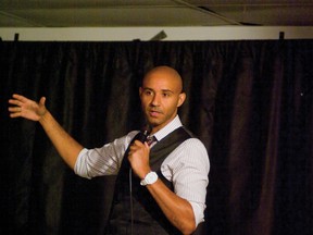 Headlining comedian Trent McClellan delivers his stand-up routine to guests of the third annual Comedy 4 Cambodia fundraiser, held at the Airdrie Legion on Sunday. The event raised $3,200 for Carpenters 4 Cambodia, a local organization that helps build schools and other facilities in Cambodia.