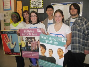 The Super Sabres club led a weeklong anti-bullying initiative at Simcoe Composite School this week. Members of the group are, back row from left: Tyanna Mabberley, Peter Li and Mike Toombs. Front row: Leticia Emanuel, Tara McGrail and Jamie Nagy. (SARAH DOKTOR Simcoe Reformer)