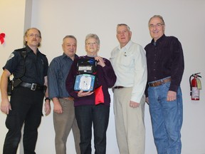 (L to R) Wayne Therres of Melfort Ambulance Care Ltd. and volunteers Don Kager, Darlene Monsees, Larry Zemlak and Bob Duns