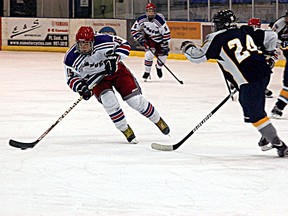 Bantam Rangers forward Brayden Labont brings the puck forward in the Fort’s 6-4 victory on Sunday at the Jubilee Recreation Centre.