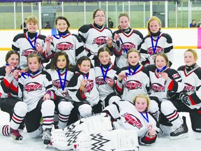 The Peewee Thunder Girls BB team were the runners-up in the 21st annual Barrie Sharkfest Tournament, held this past weekend. In front is goalie Shannon O’Grady. Kneeling in the front row left to right, are Abbey Perrault-Sanders, Jordan Shields, Jordan Spence, Sophie Warren, Kaylie Kuehl, Jaiden Smith, Keely Patrick, and Alyanna Cox. Standing in the back row are, from left to right, Mila Jones, Lindsay McDonald, Maddy Tomasini, Sarah McIntyre and Meara Ryan.