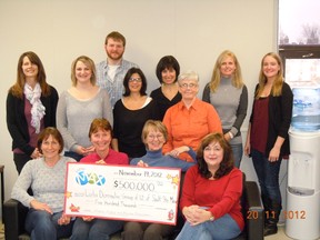 A group of 12 provincial workers share a Lotto Max prize of $500,000. Back Row(from left) Tania Cawston, Lori D’Ettorre, Scott Anderson, Doreen Graham, Doris Graf, Sue Key, Marlene Alessandrini and Ashley Hodgins. Front row (from left) are 
Debbie Irwin, Pirjo Fadock, Laila Dumoulin and Maria Simbirski.