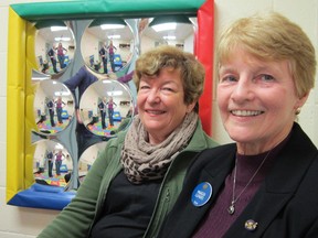 The Vittoria Women’s Institute donated $437 to the snoezelen room at Walsh Public School on Thursday. Doing the honours were WI members Marilyn Davis, left, of Fisher’s Glen, and Maureen Clements of Vittoria. (MONTE SONNENBERG Simcoe Reformer)