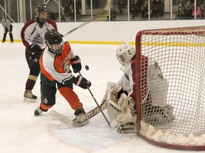 CHRISTOPHER SMITH, The Expositor

North Park's Brayden Kettlewell scores on Assumption goalie Austin Hill during a high school boys hockey game at the Wayne Gretzky Sports Centre on Thursday.