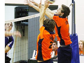 Quinte Christian Eagles (orange jerseys) opened the 2012 OFSAA A boys volleyball tournament with four straight wins Thursday. (Jerome Lessard/The Intelligencer)