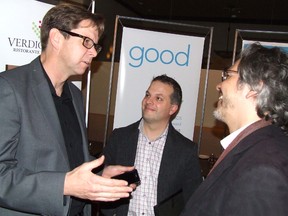 Greater Sudbury architect Tim James, left, chats with 2012 Sudbury Design Society Award winners Mark Gregorini, owner/manager of Verdicchio Ristorante Enoteca, centre, and Stephane Gauthier, director general of Carrefour Francophone Thursday. James worked with Gregorini on the redesign work at the West End Business Park restaurant.