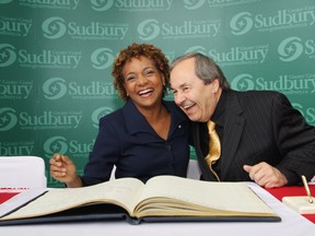 In this file photo, former Governor General Michaelle Jean and former Greater Sudbury Mayor John Rodriguez share a laugh at a ceremony at Tom Davies Square.