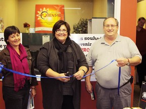 The new Business Resource Centre was opened in Timmins Thursday to help budding entrepreneurs get their start in business.  The centre is an actual location where new business people can sit down and work on their business plans and get expert advice at the same time. Taking part in the official opening were, left to right, Venture Centre Executive Director Ellen Sinclair, Timmins city councilor Noella Rinaldo and Venture Centre board chair Gerry Talbot.   Timmins Times LOCAL NEWS photo by Len Gillis.