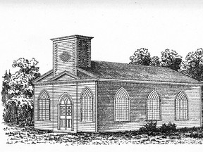 Drawing from the Jubilee Review of the First Baptist Church, Brantford, 1833 - 84 by T. S. Shenston