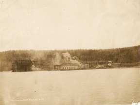 The commercial dock, railway, Oakes Hotel and sawmill in Michipicoten Harbour bustle, circa 1908.