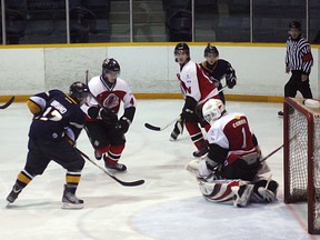 KL Gold Miners Jordan Briand scores his team's only goal Friday against Blind River.