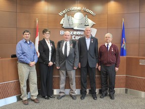 Five residents of Brazeau County were awarded the Queen Elizabeth II Diamond Jubilee Medals
LEFT TO RIGHT:  Allan Goddard, Donna Wiltse, Reeve Wes Tweedle, Tom Impey and Ted Grzyb.