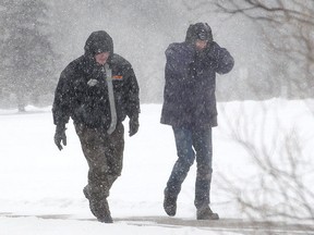 A pair of gentleman make their way through a park on Saturday in Manitoba.  (File photo)