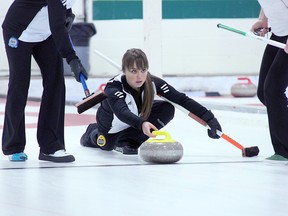 Junior curler Kelsey Rocque delivers a rock during the final match on the girls' side of the Saville Country Classic junior curling bonspiel. The Fort Saskatchewan resident, who sits second on the provincial junior curling tour, would lose the event on a draw to the button tie breaker.