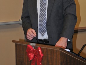 Comp Consultants' representative Calvin Pol delivers a presentation to Prescott council Monday about proposed development charges. The public meeting attracted nobody to the gallery (NICK GARDINER/The Recorder and Times).