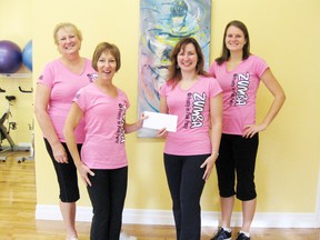 Pictured (left to right) Sylvia Sheard - Pretty in Pink, Holly Vanderzwet - Fitness Corner presents SMHF Christine Kelly with $2,000 proceeds from Zumba party in pink 2012; and Vanje Watson, Fitness Corner.