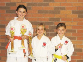 Pictured left to right: Falon Laur came in second place in Kata and third place in sparring for girls 10 to 15 years of age, Aliesha Kosikar came first in Kata for girls 9-years-old and younger and Brianna Kosikar came in frouth in Kata for girls between the ages of 10 and 15. Port Elgin Karate Club practices every Monday and Wednesday at Northport school and is accepting new members in January.