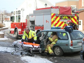 City police officers, firefighters and ambulance personnel responded to a two-vehicle collision at the corner of McIntyre Street West and Cassells Street at about 12:20 p.m. Tuesday. (BRANDI CRAMER The Nugget)