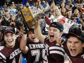 The St. Mary's Knights celebrate after winning the Northern Bowl championship on Tuesday at Rogers Centre in Toronto, Ontario.