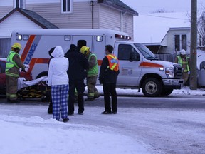 One man was sent to hospital but a baby escaped serious injury after a two car crash in Timmins Tuesday.   Timmins Times LOCAL NEWS photo by Len Gillis.