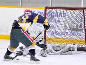 ANDY BADER Mitchell Advocate
Kiernyn Campbell (18) of St. Michael Warriors jumps on a rebound off the post to score the winning goal against Mitchell DHS Blue Devils' goalie Kristin Pearn in Huron-Perth high school girls hockey action at the Mitchell and District Arena Tuesday. The winning goal came with just six seconds remaining.