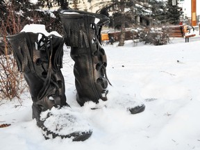 The boots of Mountain Camp, one of the last pieces of public art installed in Banff.