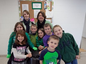 The Southview Public School Eco Team is excited to use their new four compost bins, which were donated by the town to the school. From left, clockwise: Sophie Airhart, Kaitlyn Maracle, teacher Melinda Reid-Gillam, Clayton Martin, teacher Mandy Stinson, Emily DeRoche, Bryce Henhawke, Cole Beebe, and Noah Nugent.