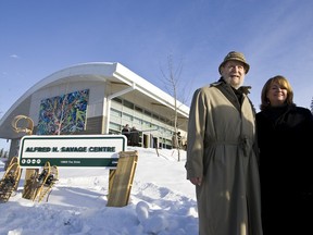 Alfred Savage (left) came with his extended family, including daughter Carrie Thuesen, to the Alfred H. Savage Centre grand opening in Whitemud Park last week. IAN KUCERAK QMI Agency